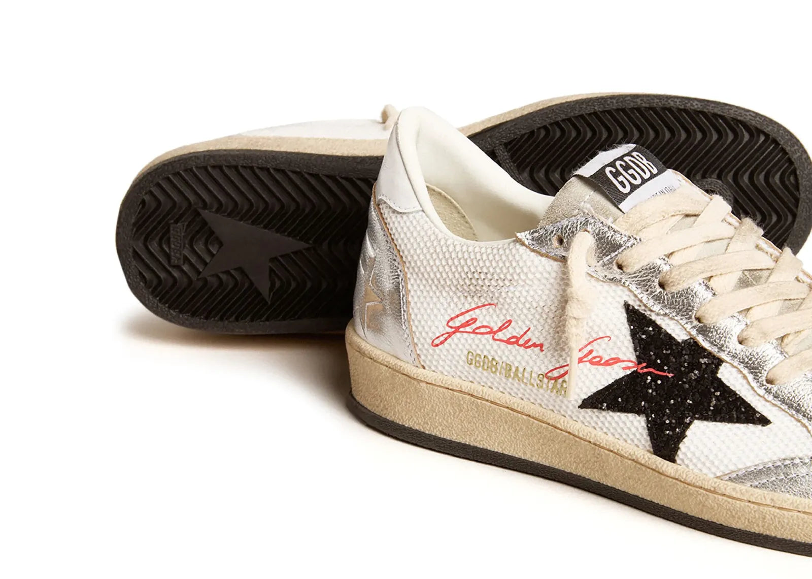 Golden Goose Ball-Star White Mesh Silver Insert Black Glitter Star Glossy Heel (W)