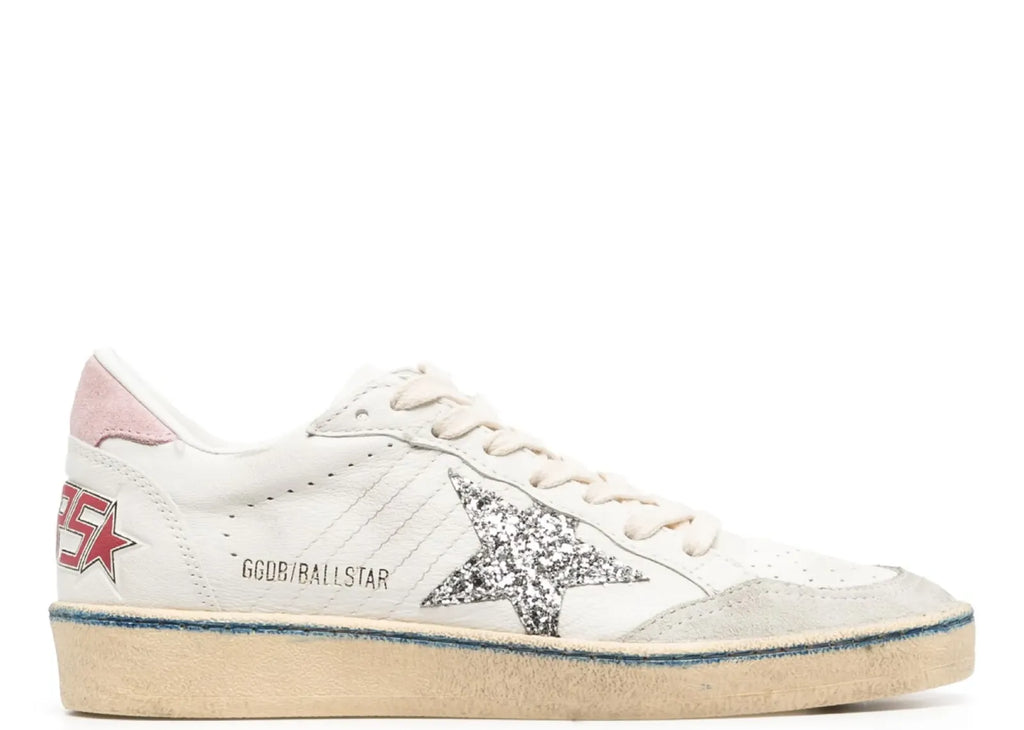 Golden Goose Ball-Star White Nappa Silver Glitter Star Pink Heel Blue Stripe (W)