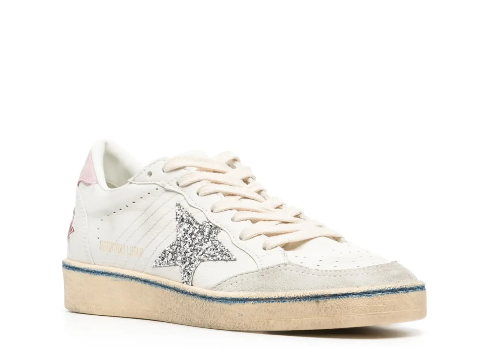 Golden Goose Ball-Star White Nappa Silver Glitter Star Pink Heel Blue Stripe (W)
