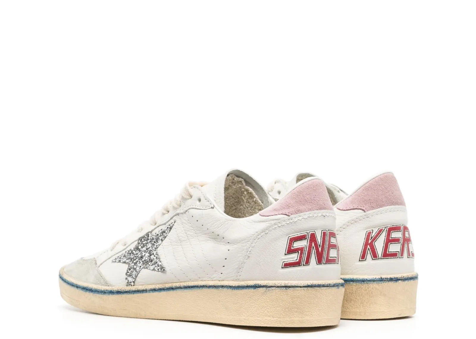 Golden Goose Ball-Star White Nappa Silver Glitter Star Pink Heel Blue Stripe (W)