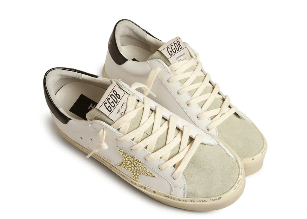 Golden Goose Hi-Star White Leather Gold Swarovski Star Black Heel (W)