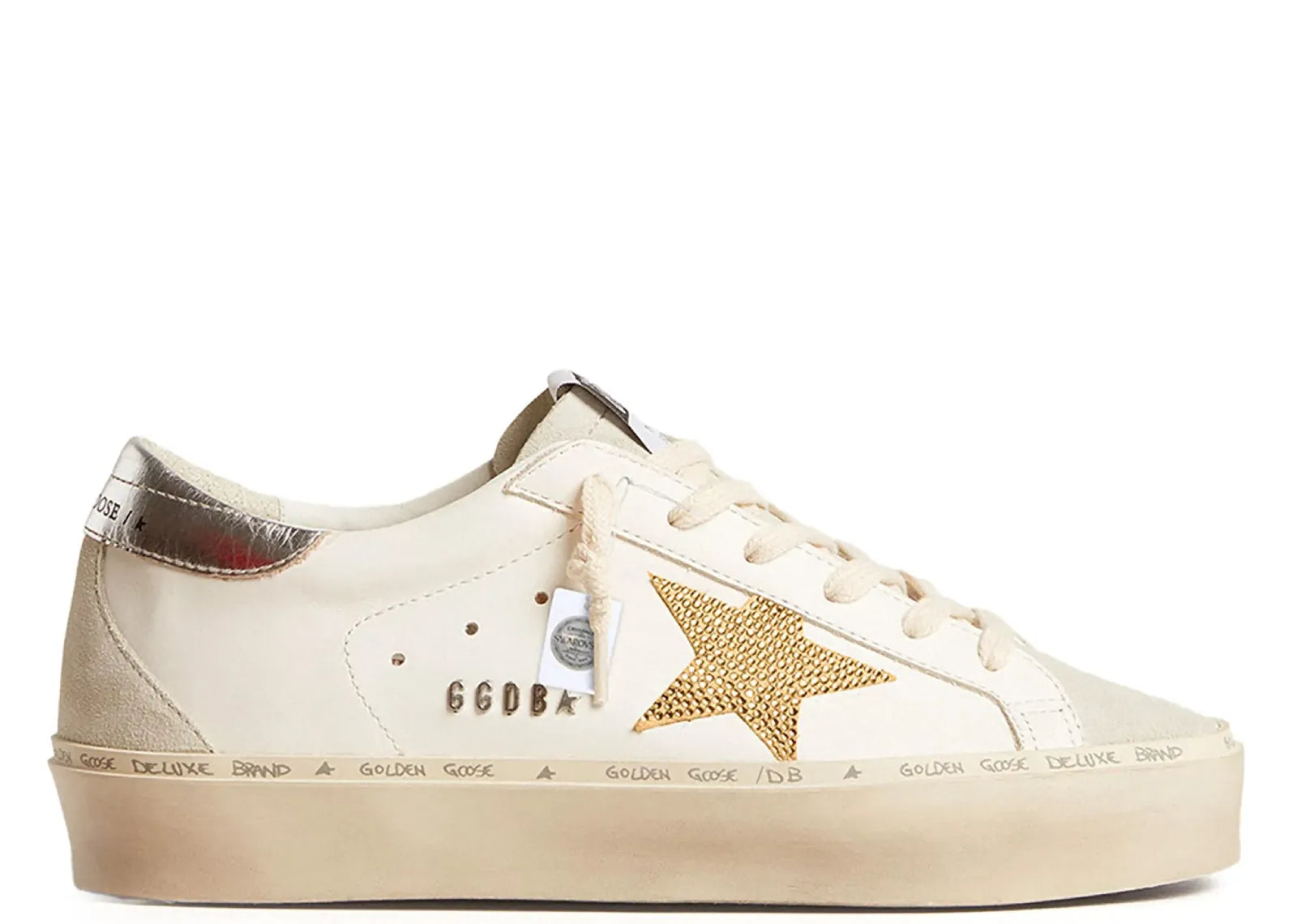 Golden Goose Hi-Star White Leather Gold Swarovski Star Silver Heel (W)