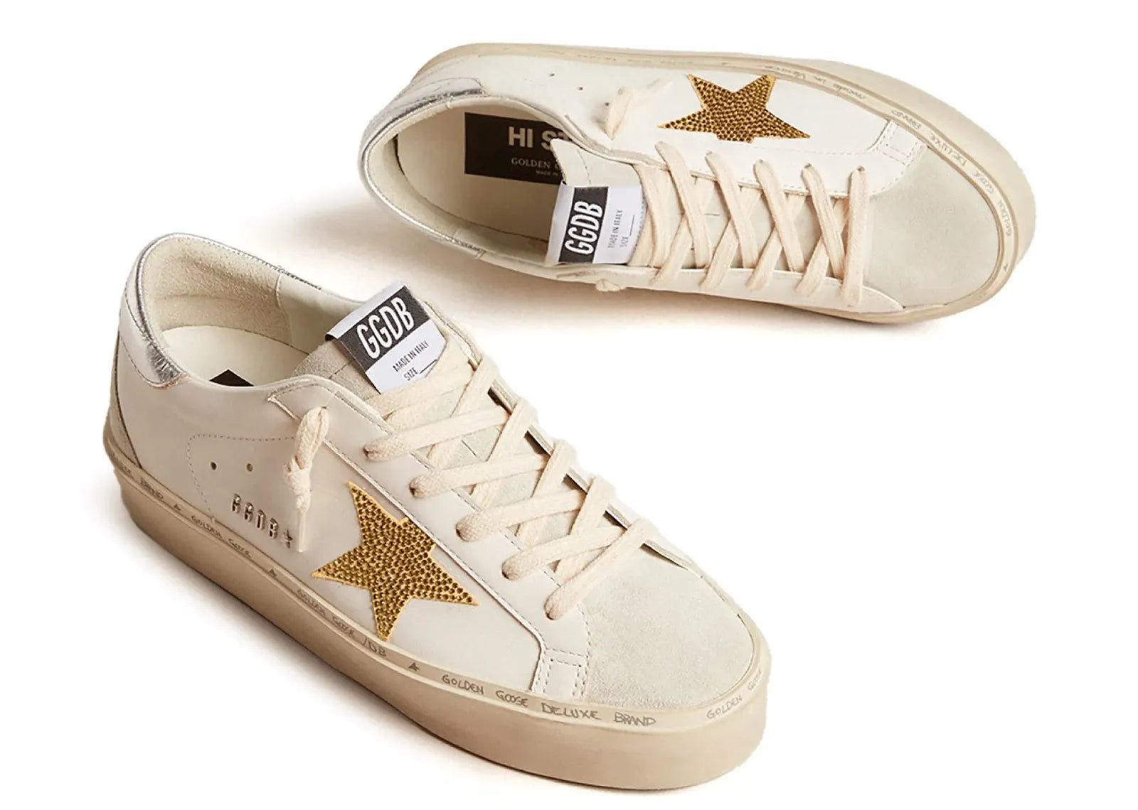 Golden Goose Hi-Star White Leather Gold Swarovski Star Silver Heel (W)