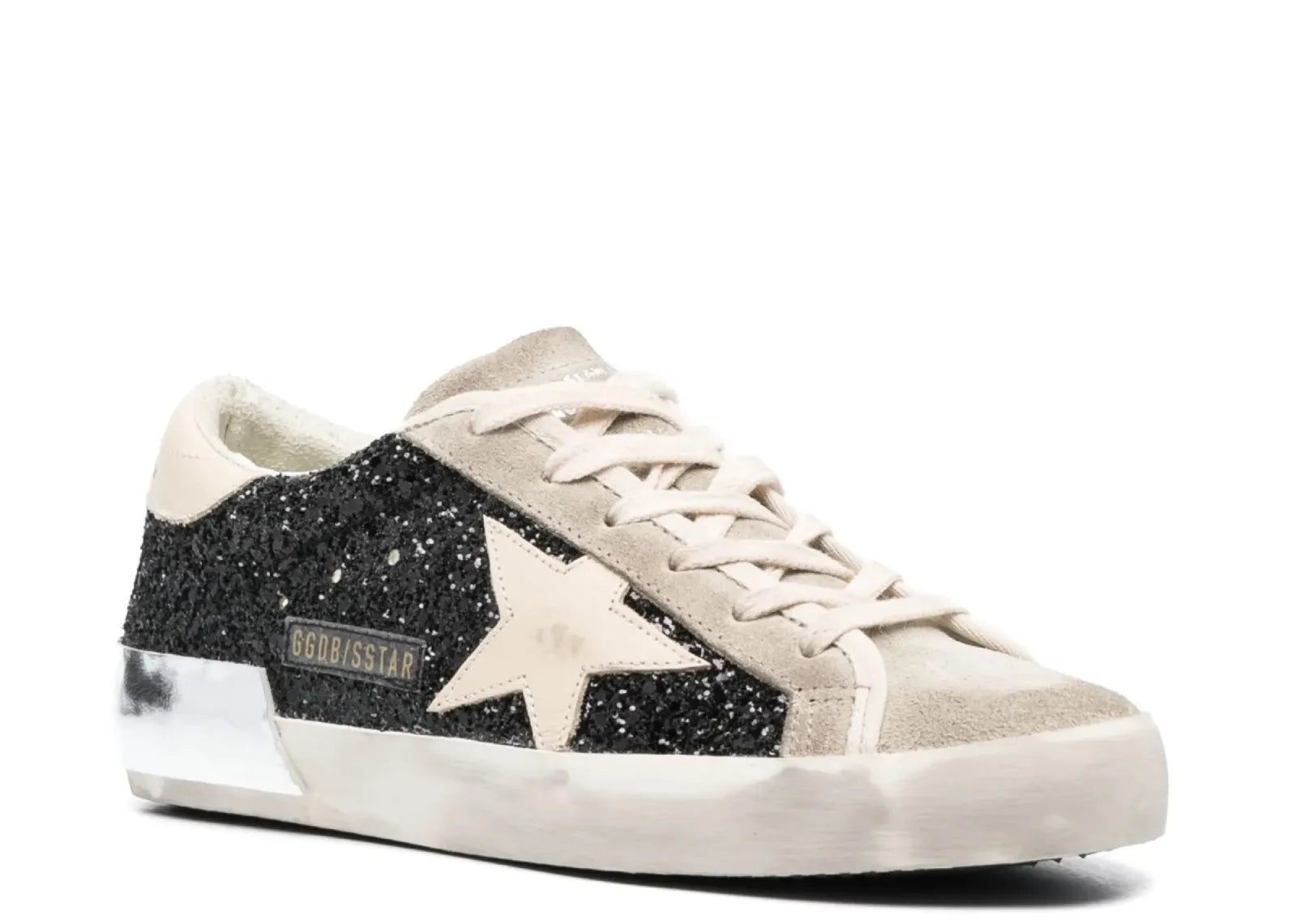 Golden Goose Super-Star Black Glitter Cream Star Heel Silver Foxing (W)