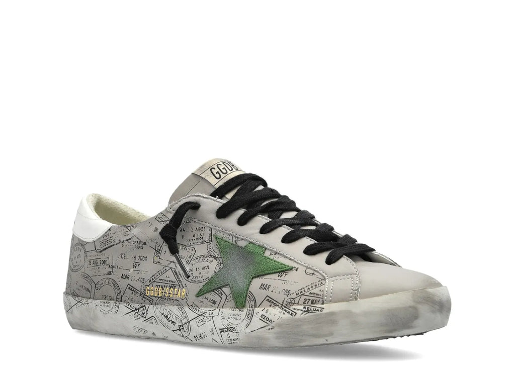 Golden Goose Super-Star Gray Leather Green Star Printed Distressed