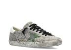 Golden Goose Super-Star Gray Leather Green Star Printed Distressed