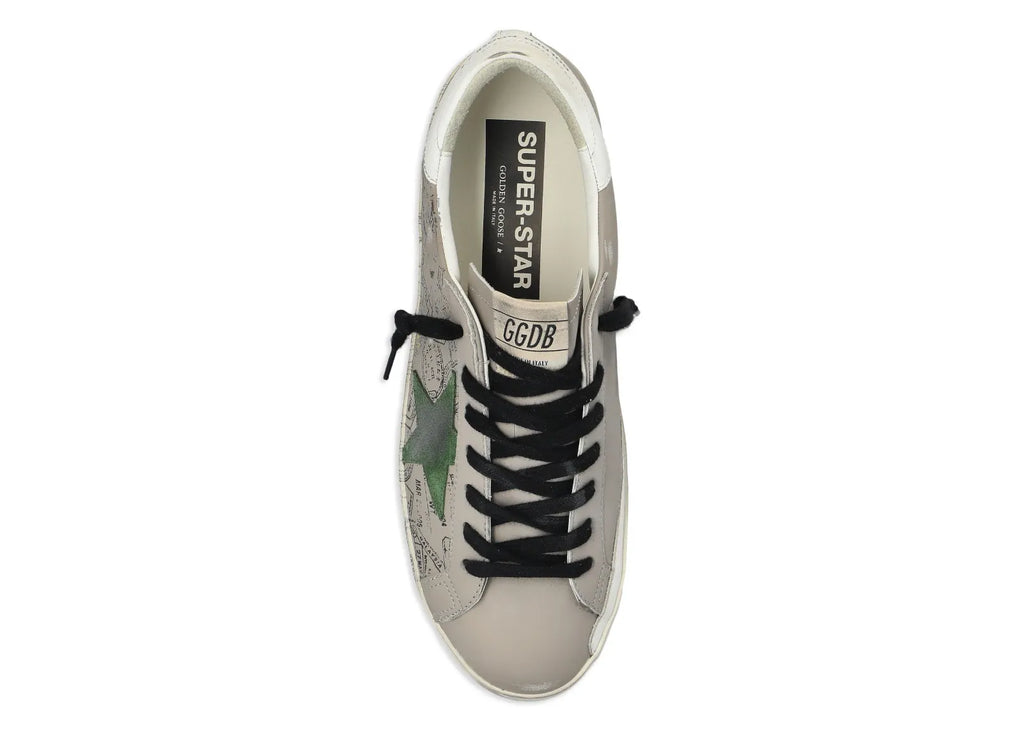 Golden Goose Super-Star Gray Leather Green Star Printed Distressed