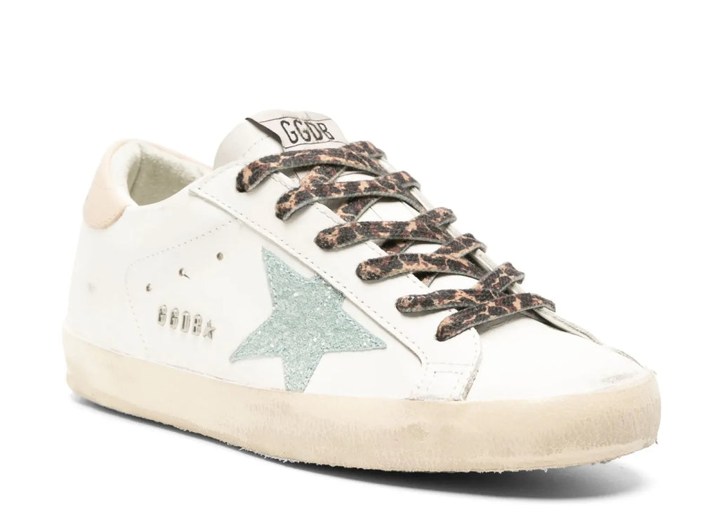 Golden Goose Super-Star White Leather Gray Glitter Star Nude Heel Leopard Laces (W)
