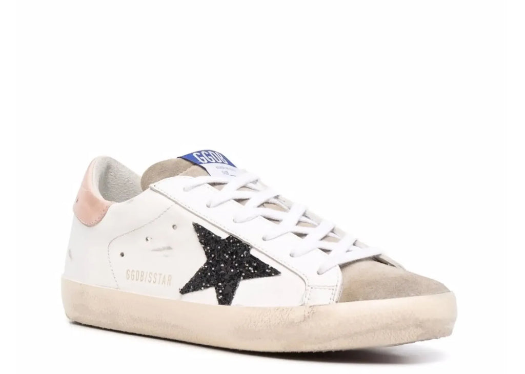Golden Goose Super-Star White Leather Black Glitter Star Rose Heel (W)