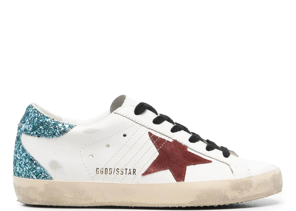 Golden Goose Super-Star White Leather Burgundy Star Blue Glitter Heel (W)
