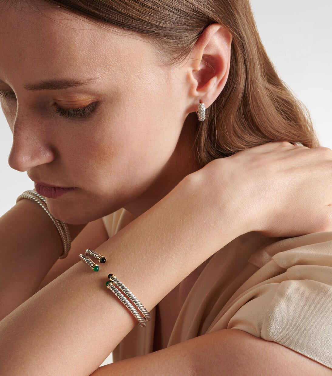 David Yurman Cable Flex® sterling silver and 14kt gold cuff bracelet with onyxes in silver