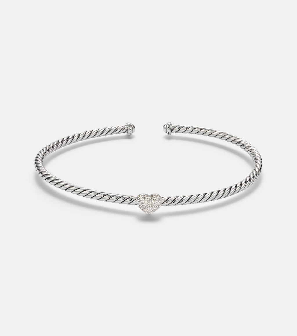 David Yurman Cable Flex® Heart Micro Sterling Silver Cuff Bracelet with Diamonds in Silver