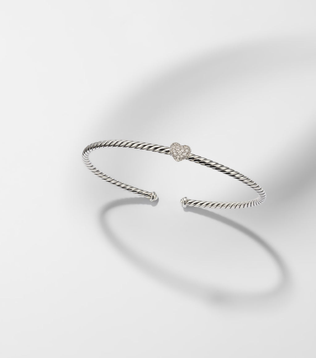 David Yurman Cable Flex® Heart Micro Sterling Silver Cuff Bracelet with Diamonds in Silver