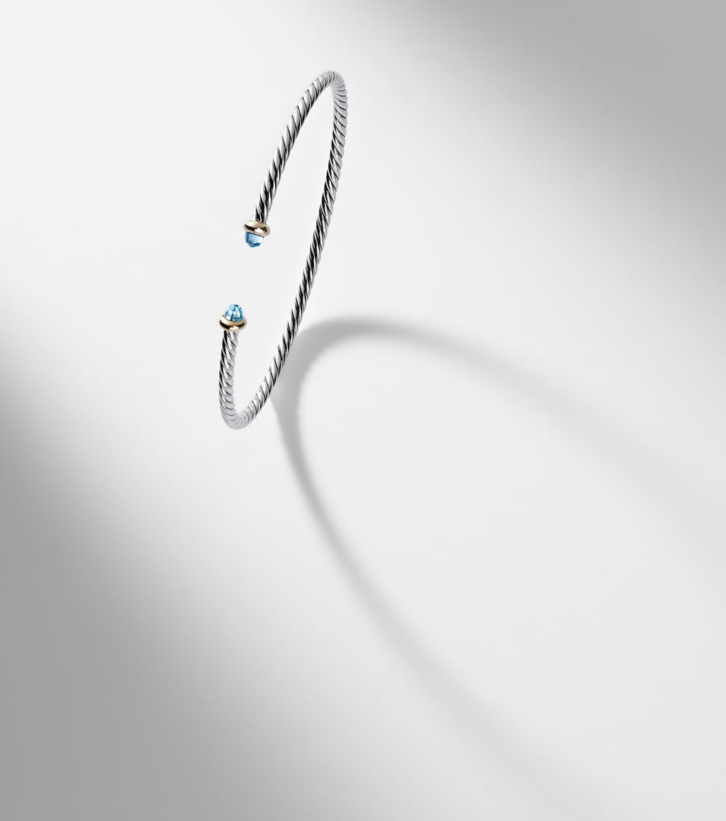 David Yurman Micro Cable Flex® Sterling Silver and 14kt Gold Cuff Bracelet with Topaz in Silver