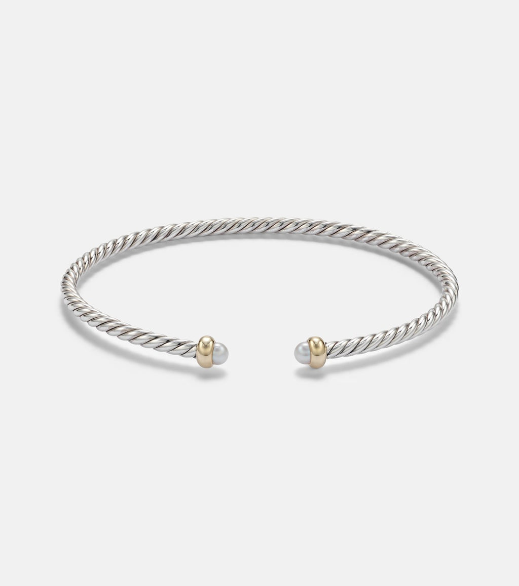 David Yurman Micro Cable Flex® Sterling Silver and 14kt Gold Cuff Bracelet with Pearls in Silver
