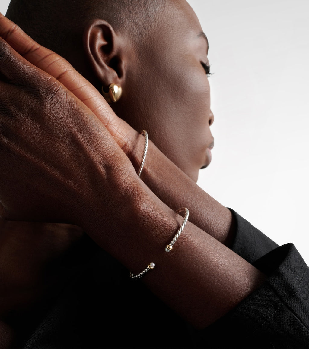 David Yurman Micro Cable Flex® Sterling Silver and 14kt Gold Cuff Bracelet with Pearls in Silver