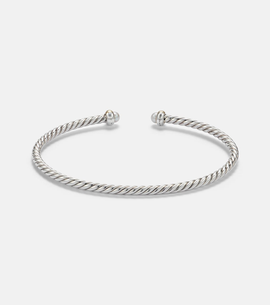 David Yurman Micro Cable Flex® Sterling Silver and 14kt Gold Cuff Bracelet with Pearls in Silver
