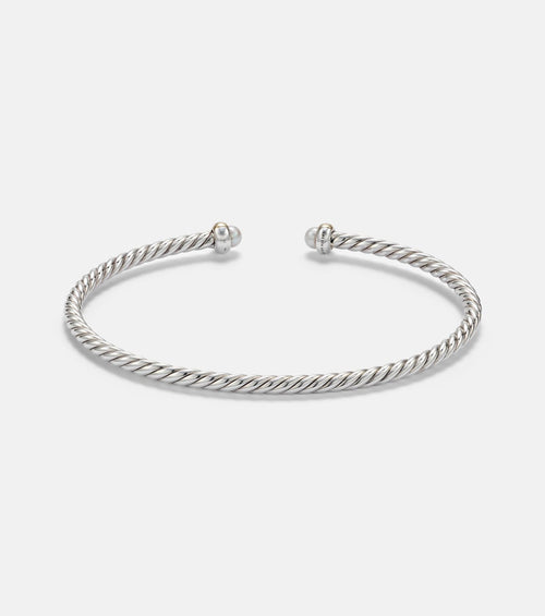 David Yurman Micro Cable Flex® Sterling Silver and 14kt Gold Cuff Bracelet with Pearls in Silver