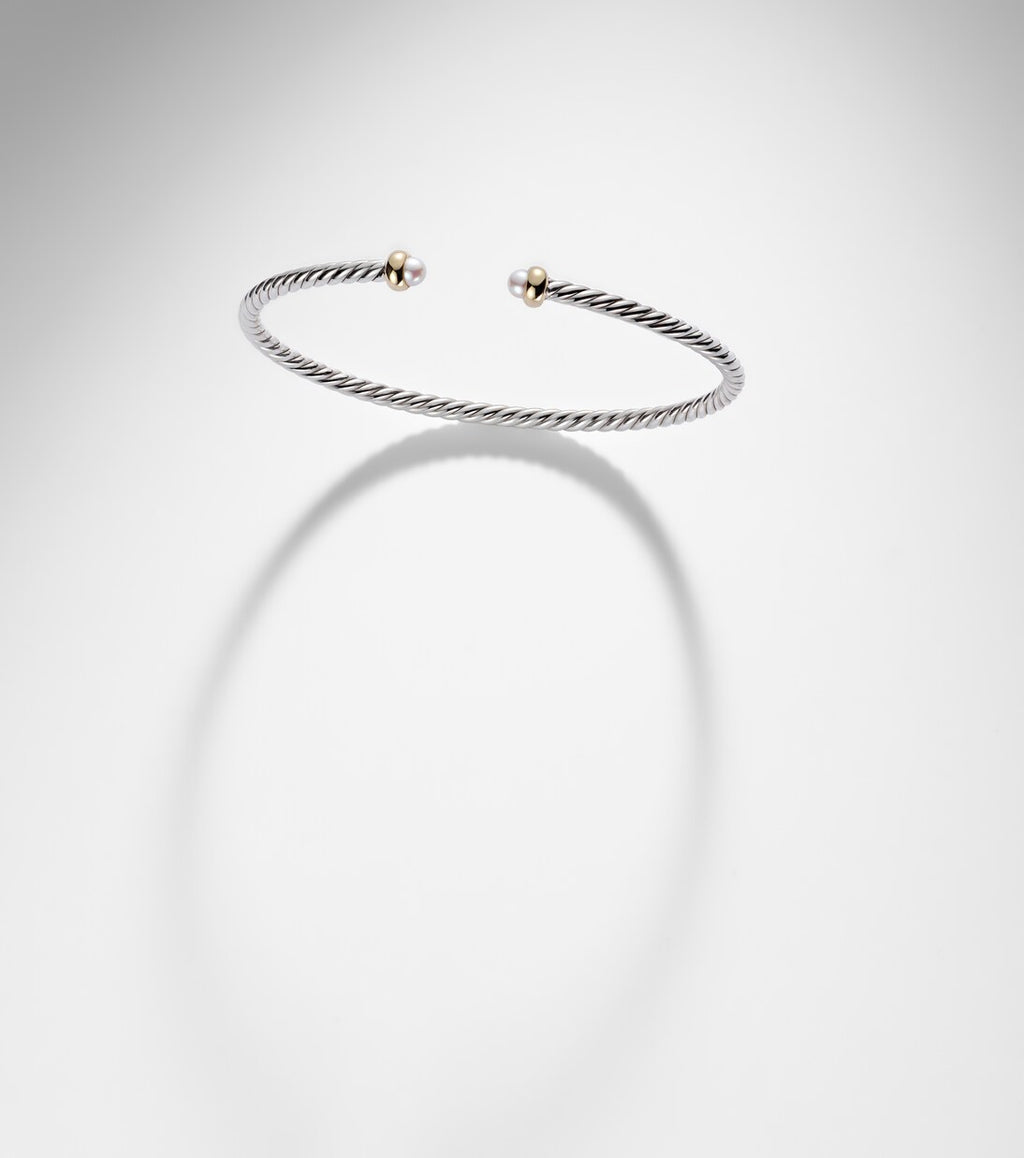 David Yurman Micro Cable Flex® Sterling Silver and 14kt Gold Cuff Bracelet with Pearls in Silver