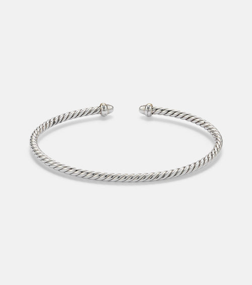 David Yurman Micro Cable Flex® Sterling Silver and 14kt Gold Cuff Bracelet with Diamonds in Silver