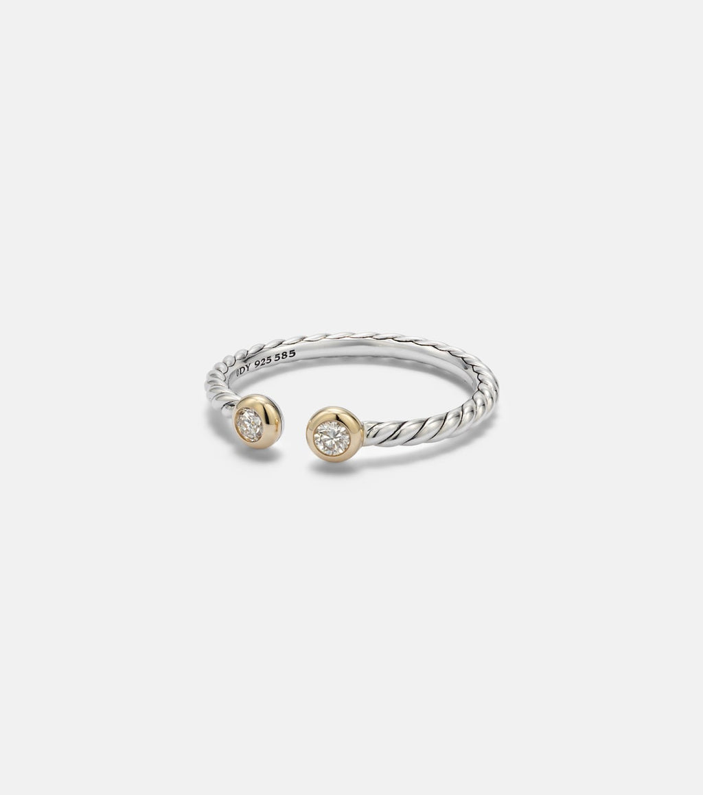 David Yurman Cable Open Sterling Silver and 14kt Gold Ring with Diamonds in Silver