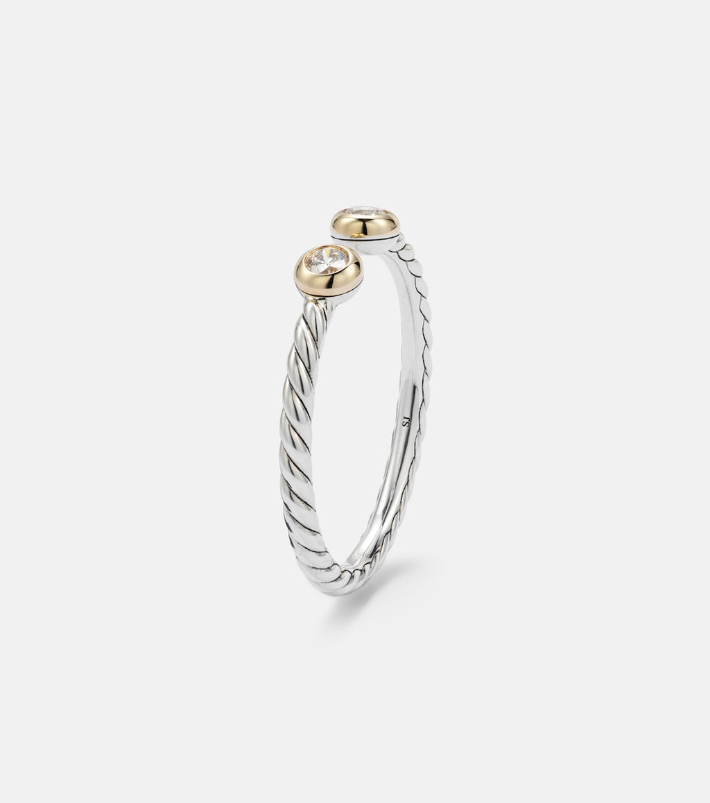 David Yurman Cable Open Sterling Silver and 14kt Gold Ring with Diamonds in Silver