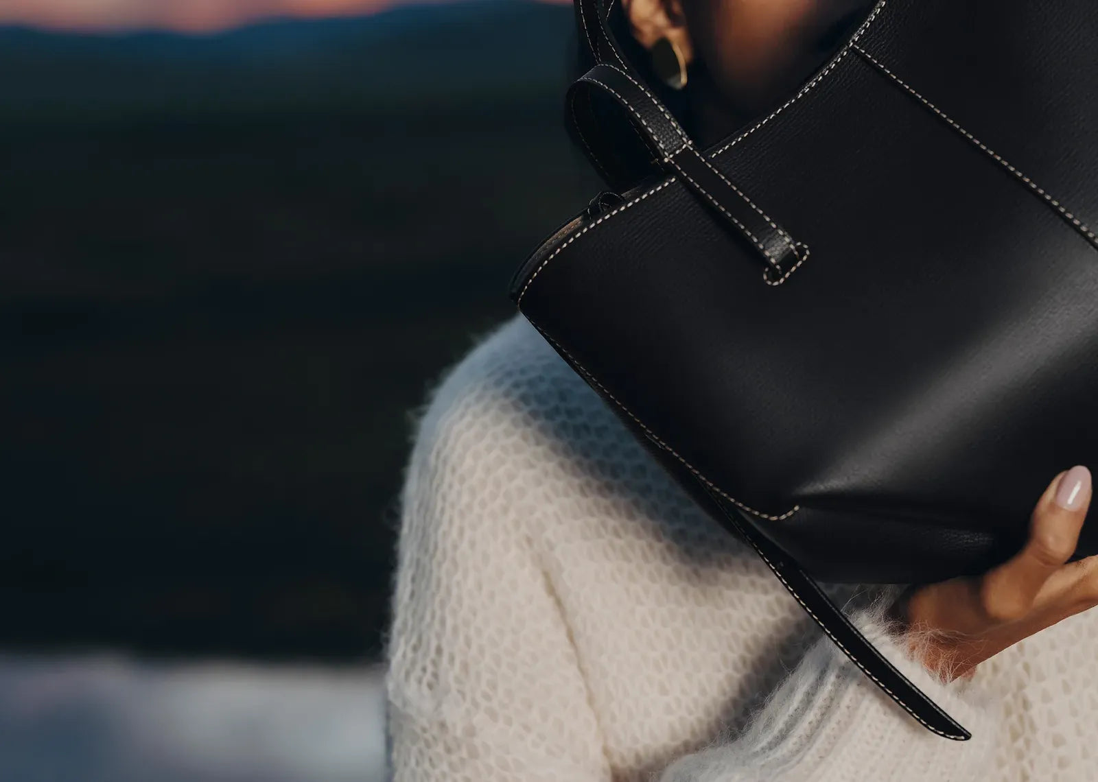 Polène Cyme Mini Edition Textured Black with Ecru Stitching