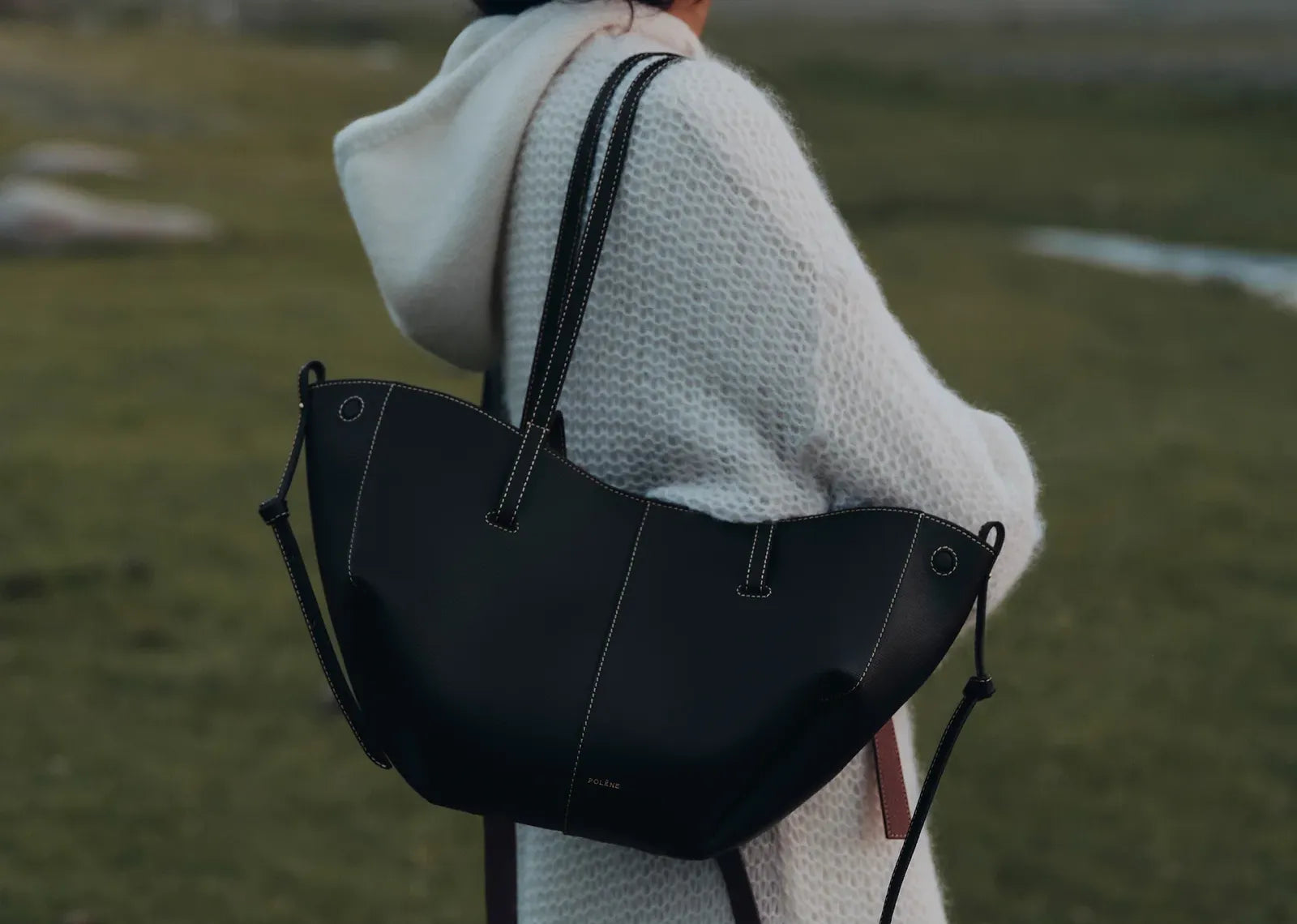 Polène Cyme Mini Edition Textured Black with Ecru Stitching