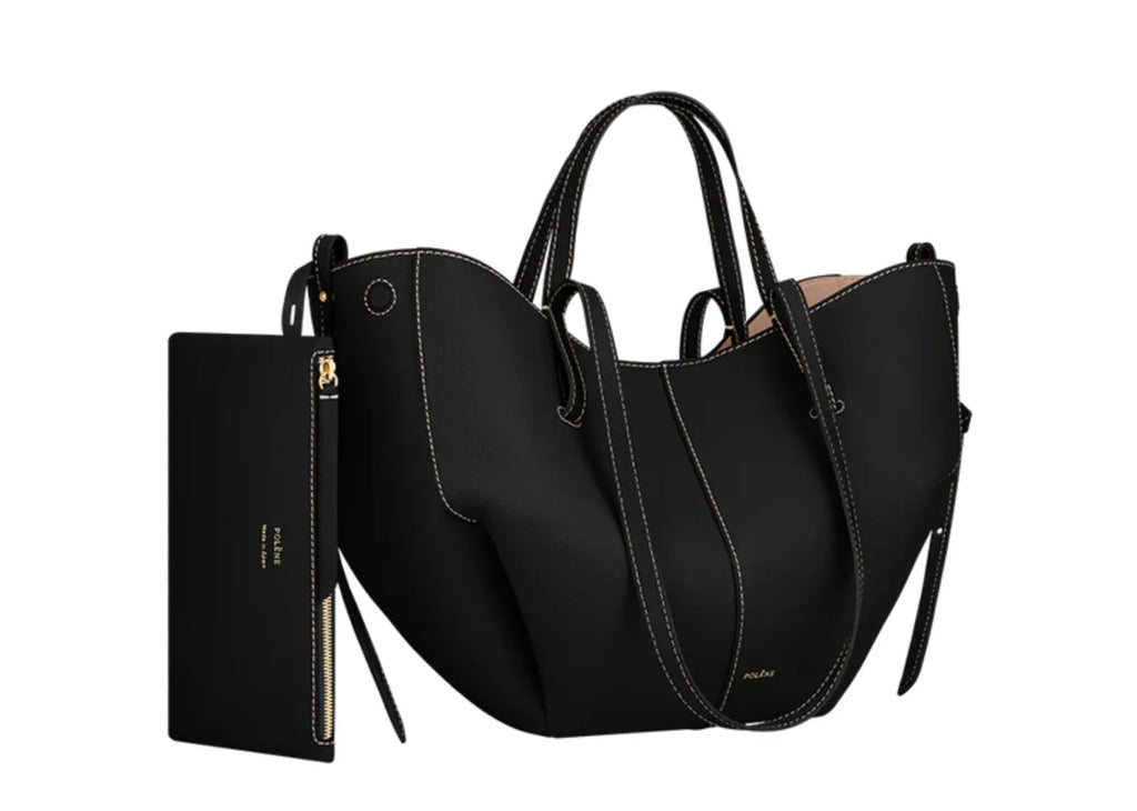 Polène Cyme Mini Edition Textured Black with Ecru Stitching