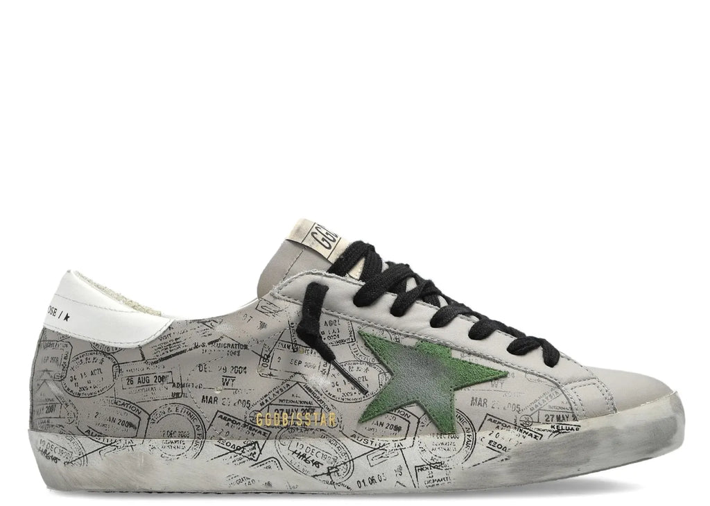 Golden Goose Super-Star Gray Leather Green Star Printed Distressed