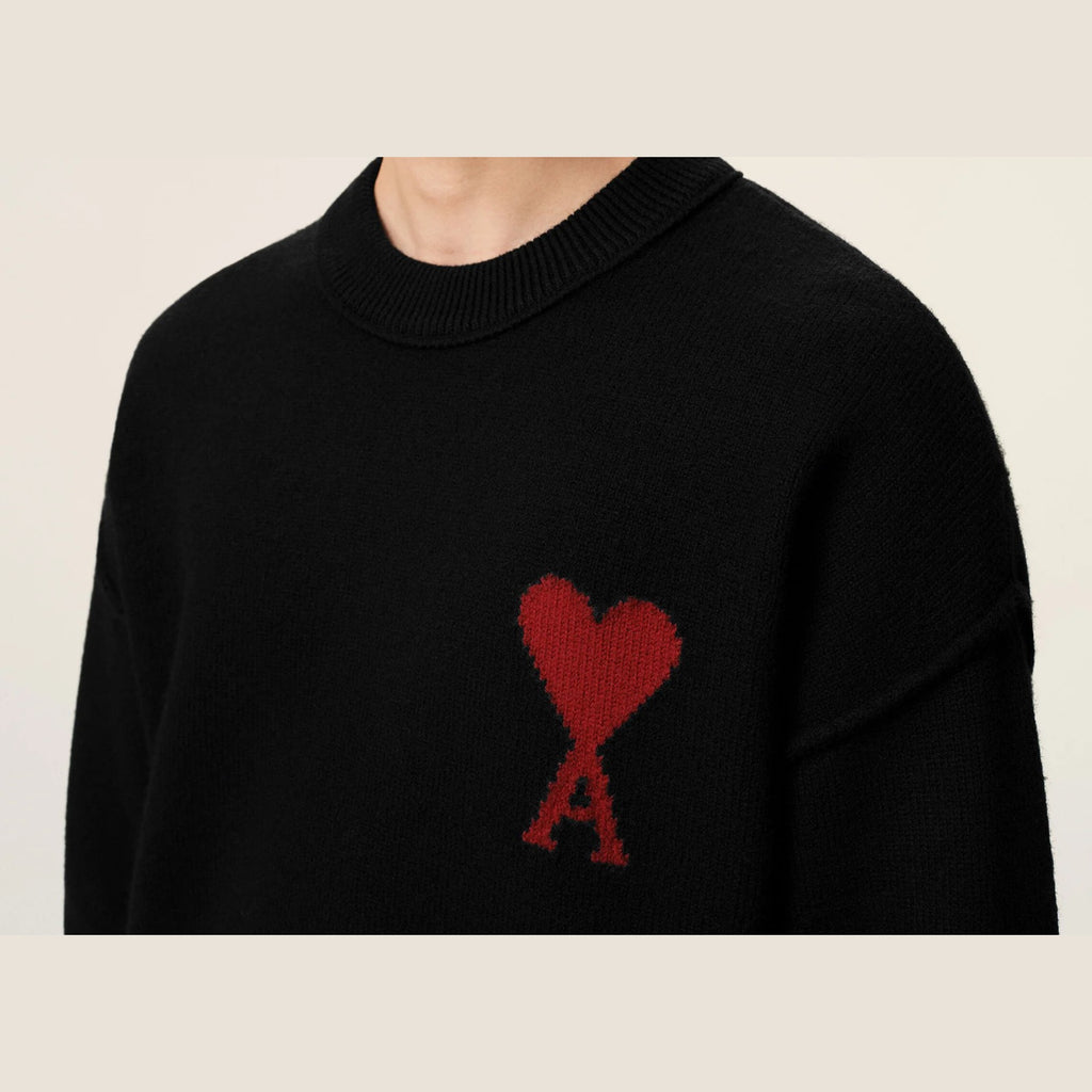 Ami Paris Ami De Coeur Contrasted Crewneck Merino Wool Sweater Black Red