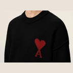 Ami Paris Ami De Coeur Contrasted Crewneck Merino Wool Sweater Black Red