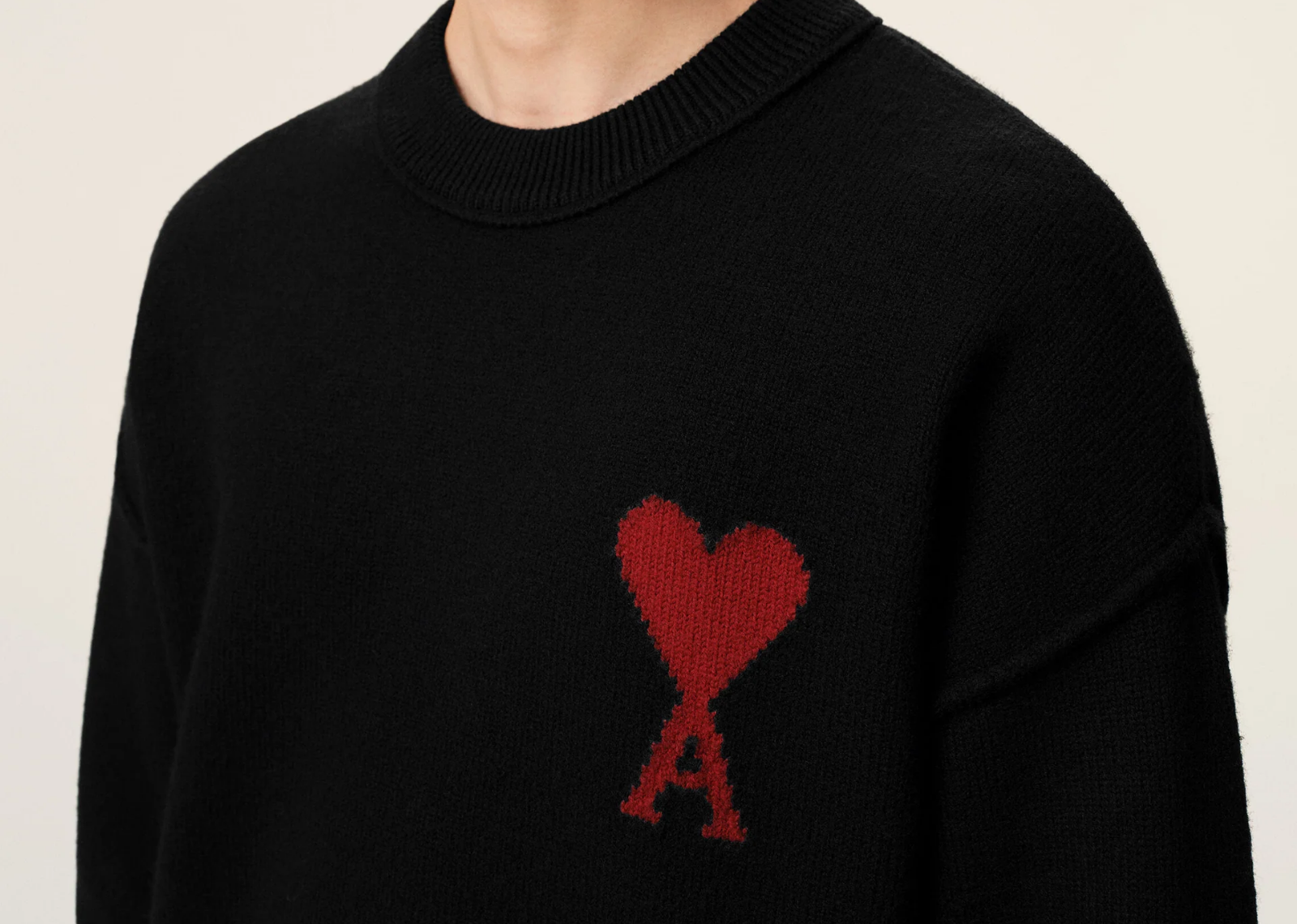 Ami Paris Ami De Coeur Contrasted Crewneck Merino Wool Sweater Black Red