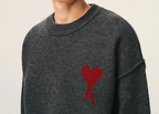 Ami Paris Ami De Coeur Contrasted Crewneck Merino Wool Sweater Grey Red