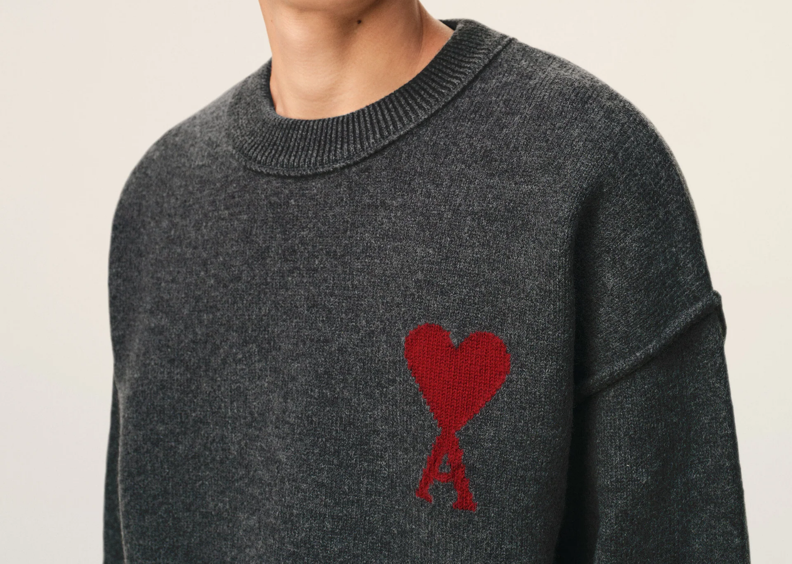 Ami Paris Ami De Coeur Contrasted Crewneck Merino Wool Sweater Grey Red