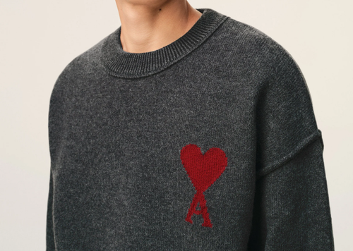 Ami Paris Ami De Coeur Contrasted Crewneck Merino Wool Sweater Grey Red