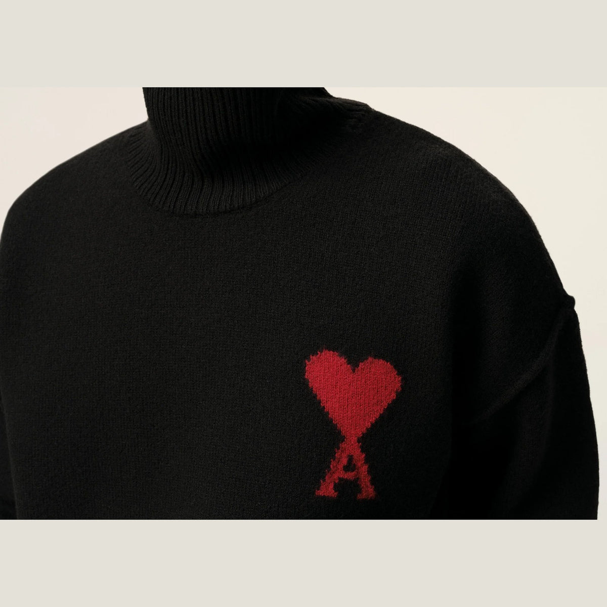 Ami Paris Ami De Coeur Contrasted Funnel Neck Merino Wool Sweater Black
