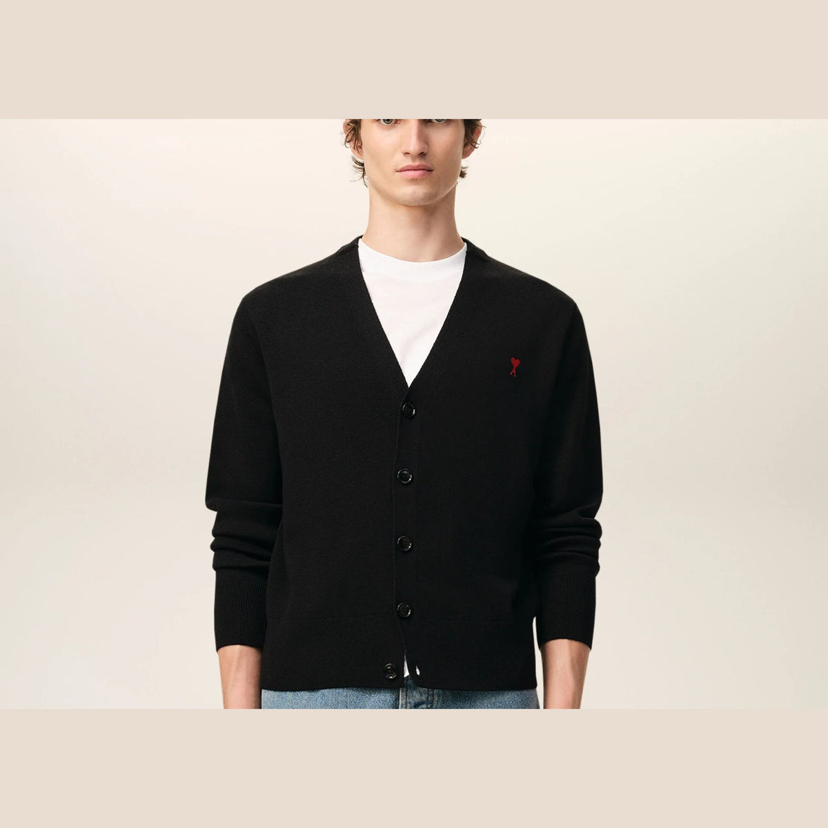 Ami Paris Ami De Coeur Contrasted Merino Wool Cardigan Black