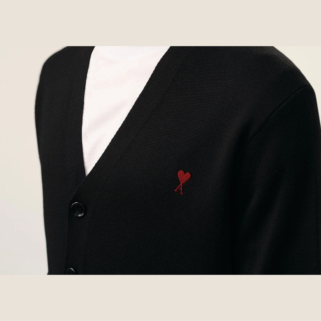 Ami Paris Ami De Coeur Contrasted Merino Wool Cardigan Black