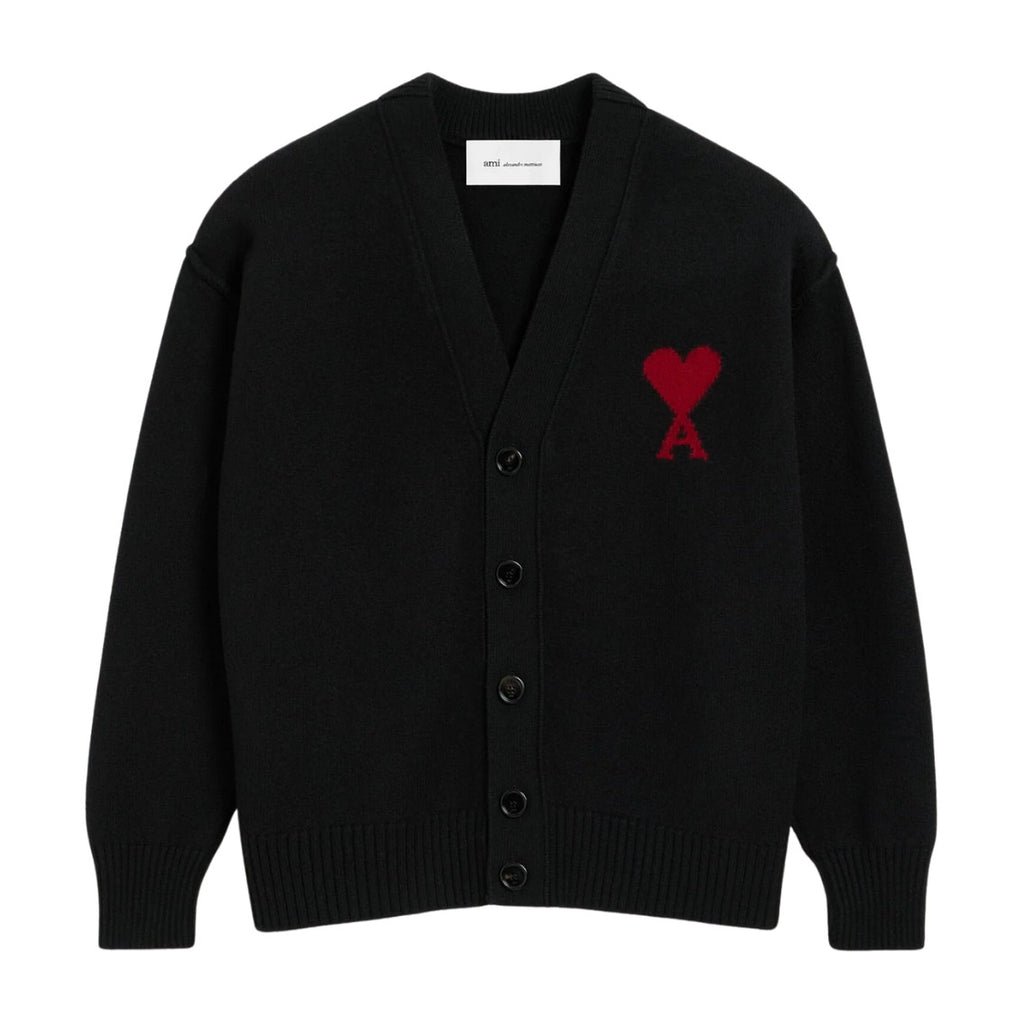 Ami Paris Ami De Coeur Contrasted Merino Wool Cardigan Black Red