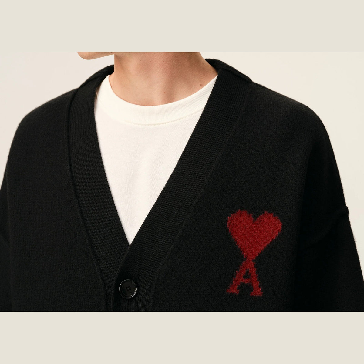 Ami Paris Ami De Coeur Contrasted Merino Wool Cardigan Black Red
