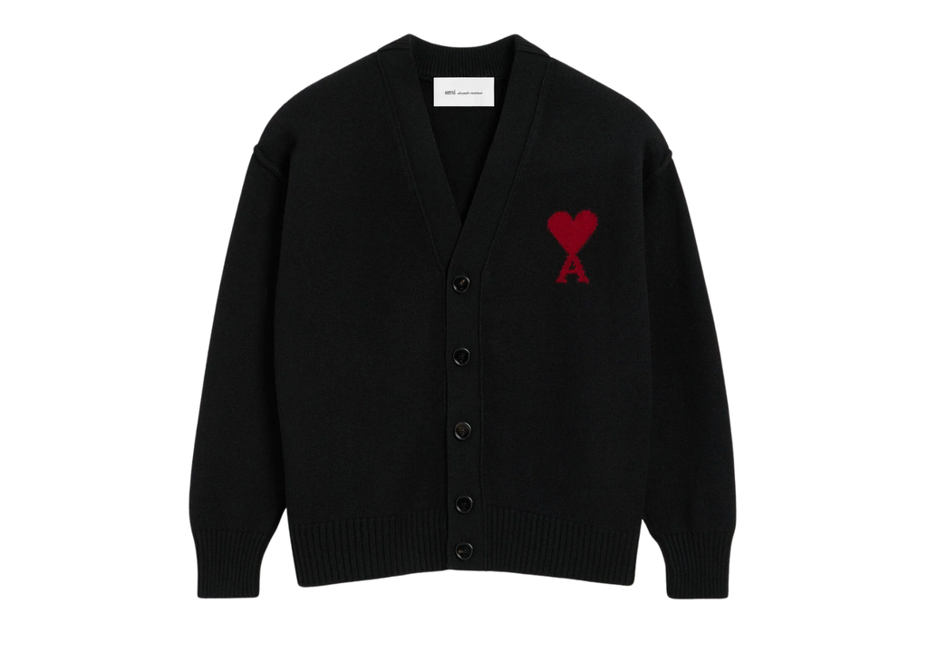 Ami Paris Ami De Coeur Contrasted Merino Wool Cardigan Black Red