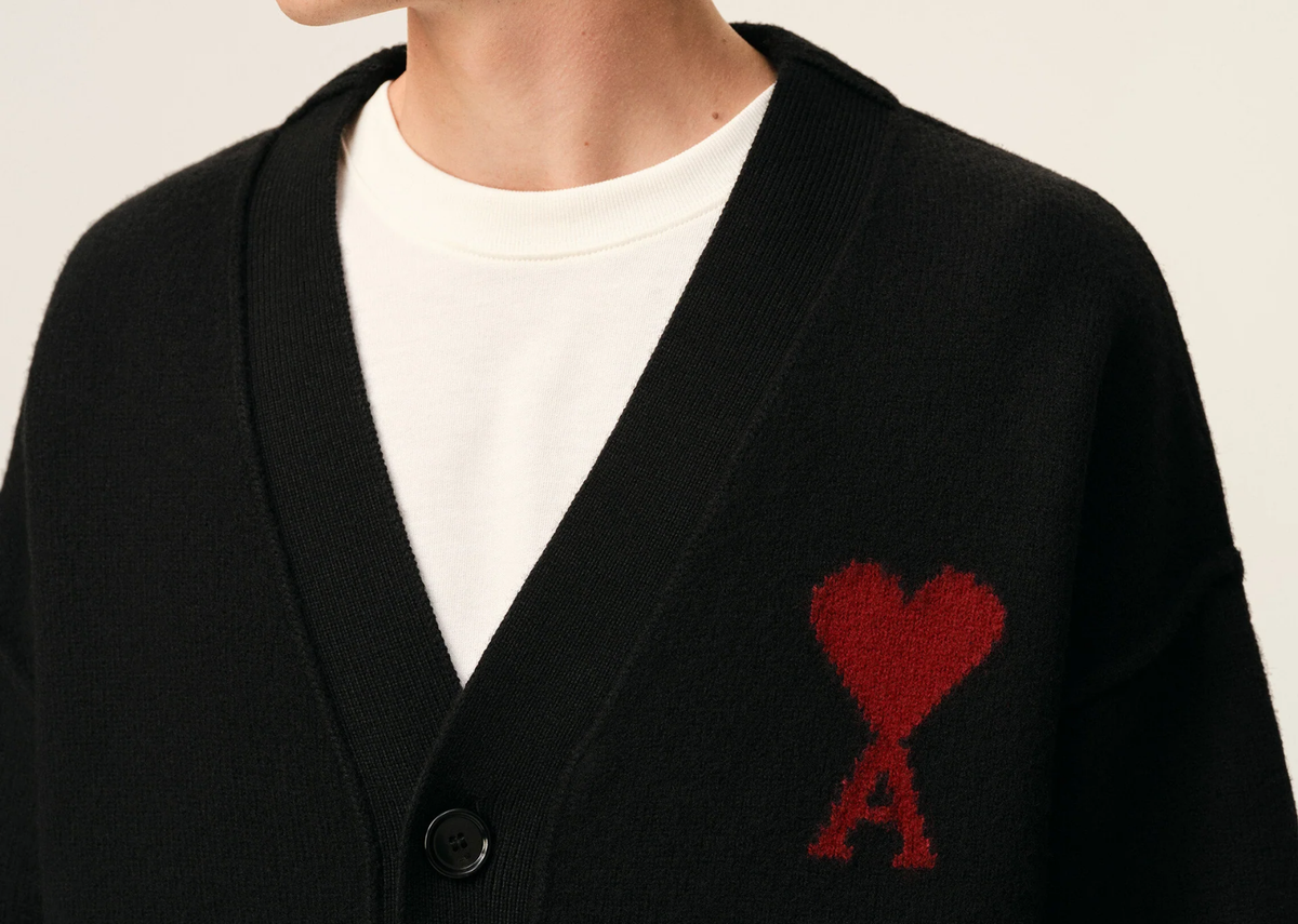 Ami Paris Ami De Coeur Contrasted Merino Wool Cardigan Black Red