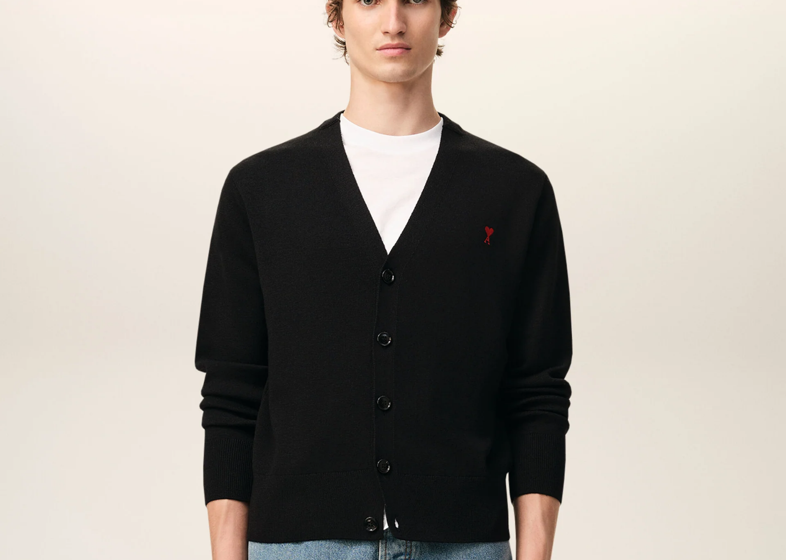 Ami Paris Ami De Coeur Contrasted Merino Wool Cardigan Black