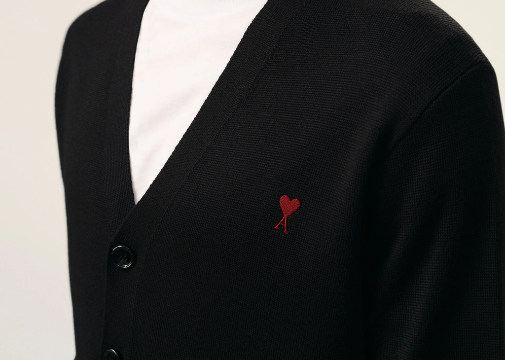 Ami Paris Ami De Coeur Contrasted Merino Wool Cardigan Black