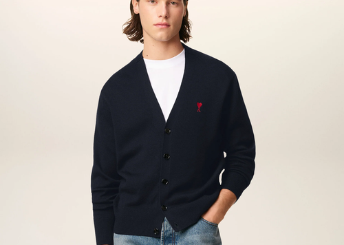 Ami Paris Ami De Coeur Contrasted Merino Wool Cardigan Blue