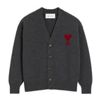 Ami Paris Ami De Coeur Contrasted Merino Wool Cardigan Grey Red