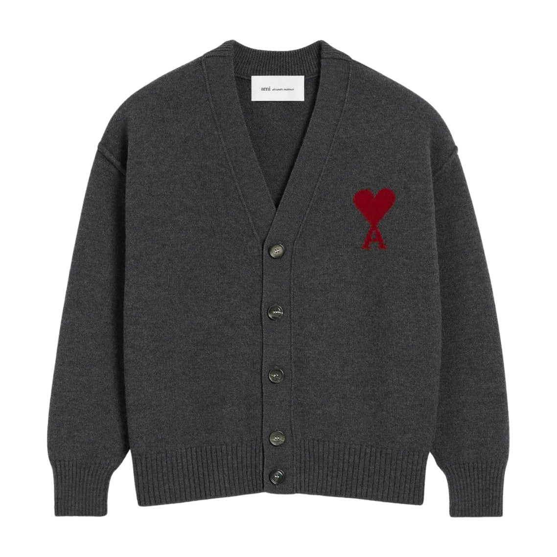 Ami Paris Ami De Coeur Contrasted Merino Wool Cardigan Grey Red