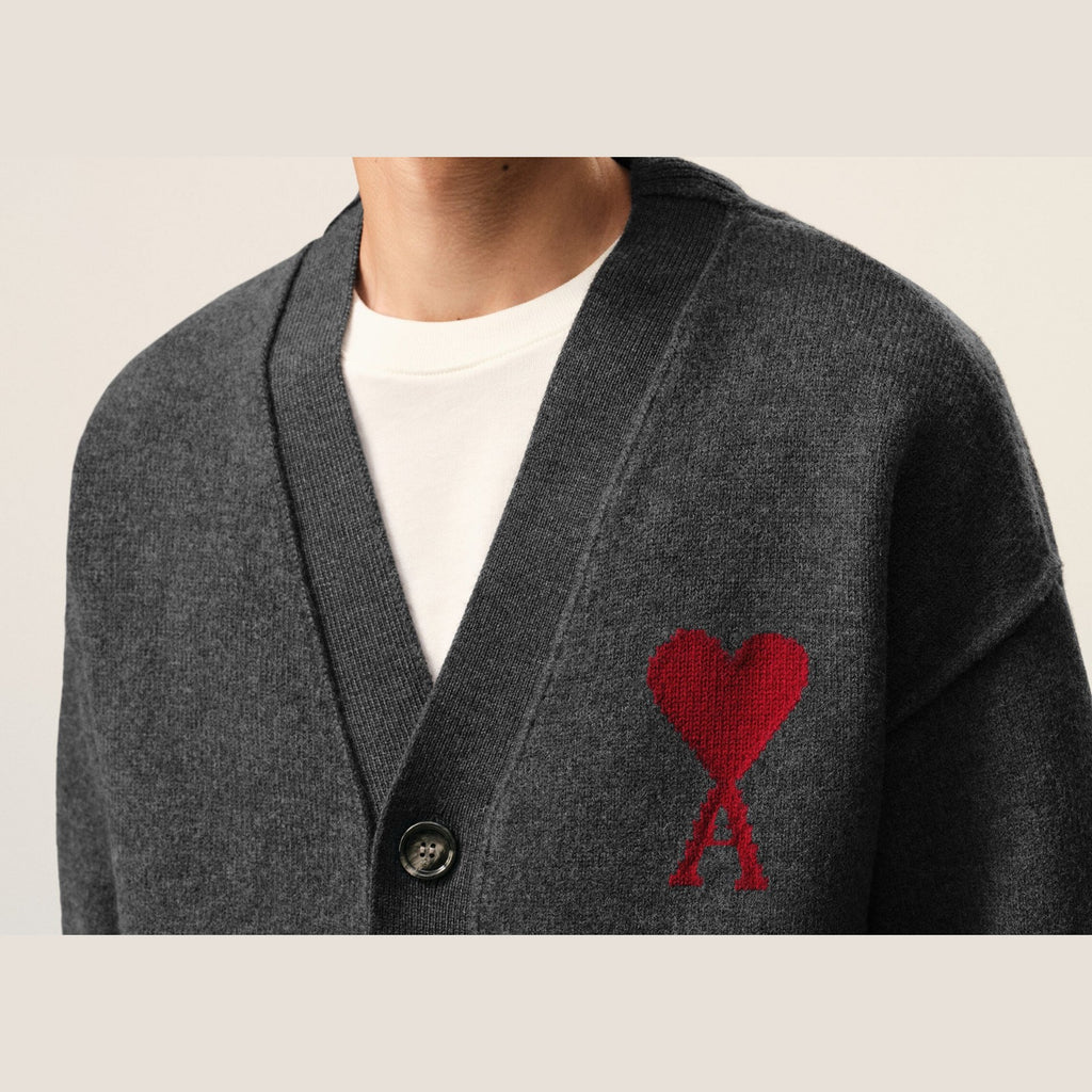 Ami Paris Ami De Coeur Contrasted Merino Wool Cardigan Grey Red