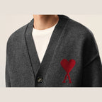 Ami Paris Ami De Coeur Contrasted Merino Wool Cardigan Grey Red